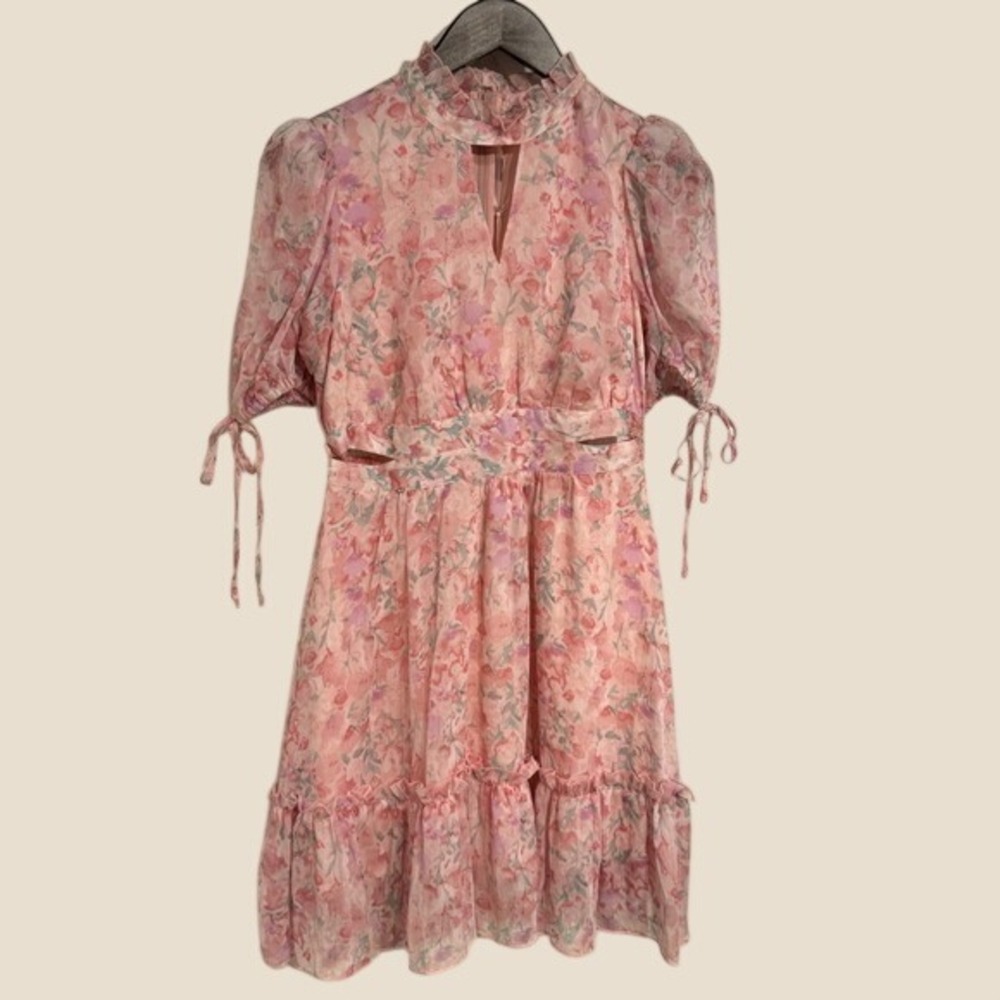 Ruffled cottagecore fairy Floral Print Mini Dress Pink Short Puff Sleeve keyhole